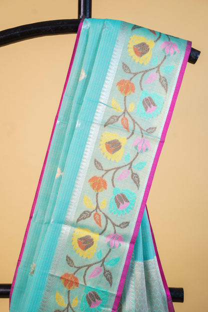 Aqua Blue Cotton Kota Paithani Border Premium Banarasi Saree
