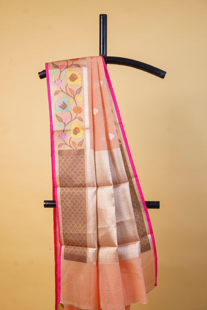 Peach  Cotton Kota Paithani Border Premium Banarasi Saree