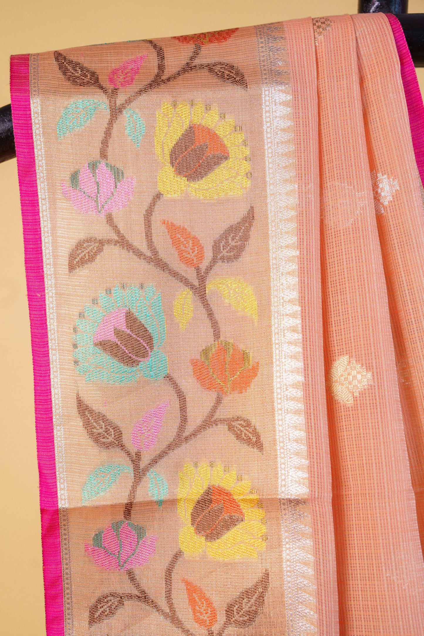 Peach  Cotton Kota Paithani Border Premium Banarasi Saree