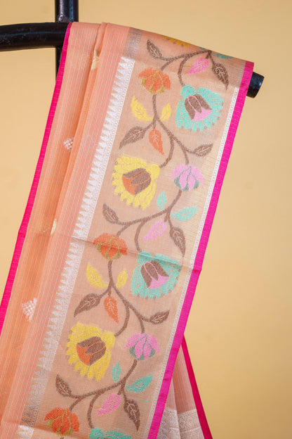 Peach  Cotton Kota Paithani Border Premium Banarasi Saree