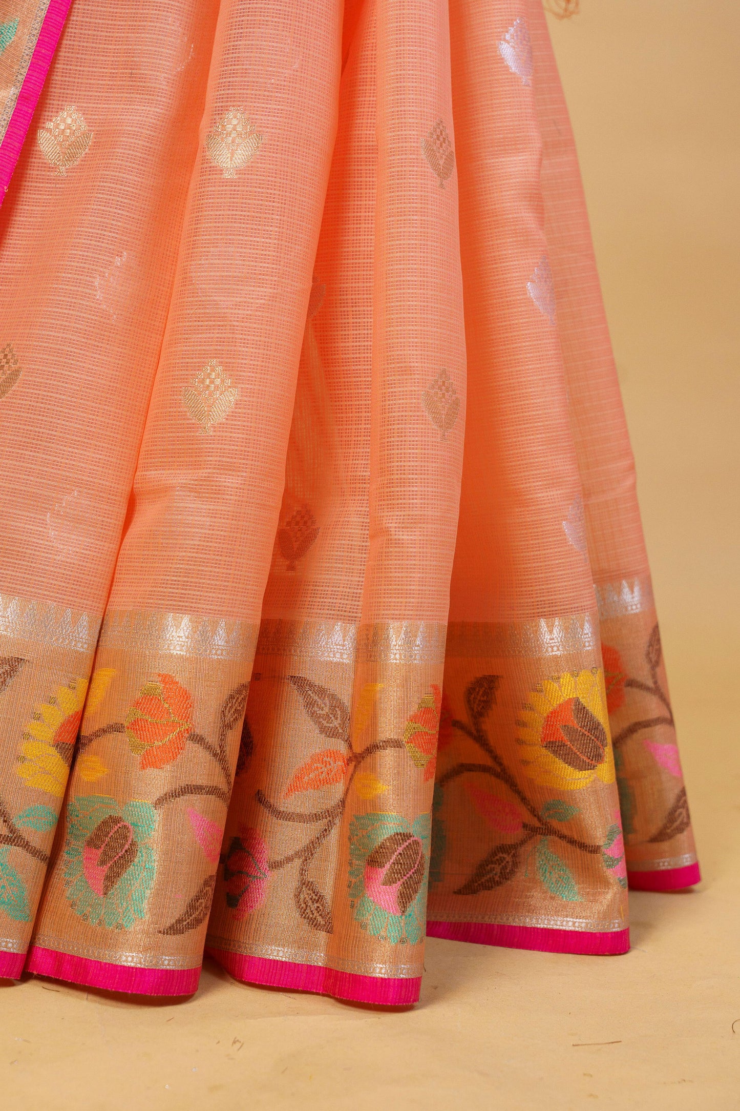 Peach  Cotton Kota Paithani Border Premium Banarasi Saree