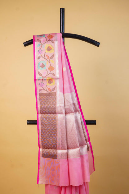 Pink Cotton Kota Paithani Border Premium Banarasi Saree