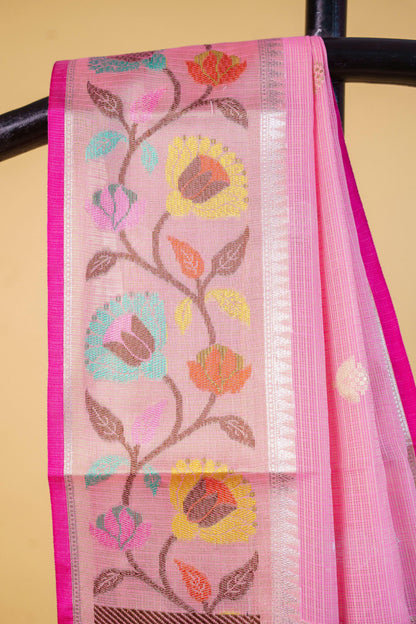 Pink Cotton Kota Paithani Border Premium Banarasi Saree