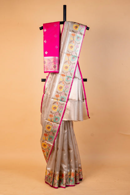 Gray Tissue Kota Paithani Border Premium Banarasi Saree