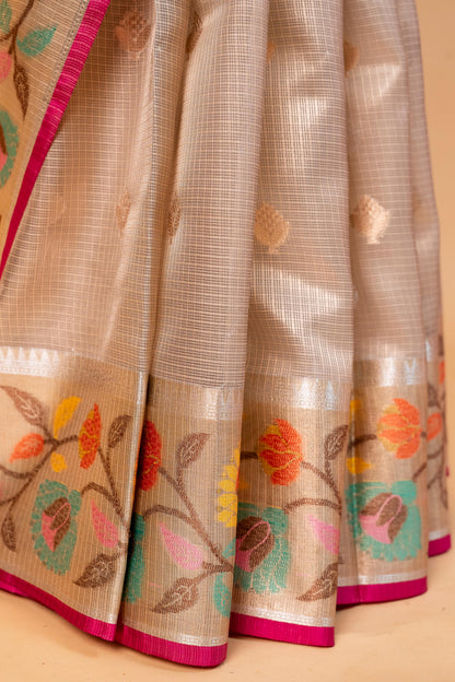 Gray Tissue Kota Paithani Border Premium Banarasi Saree
