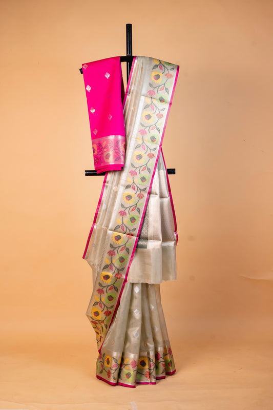 Pista Green Tissue Kota Paithani Border Premium Banarasi Saree