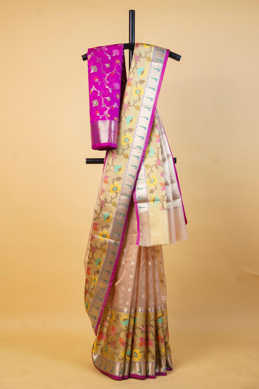 Peach Tissue Kota Paithani Border Premium Banarasi Saree