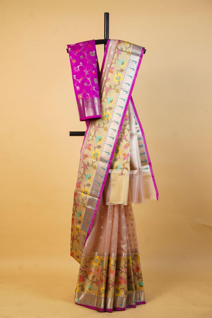 Pink Tissue Kota Paithani Border Premium Banarasi Saree