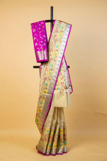 Pista Green Tissue Kota Paithani Border Premium Banarasi Saree