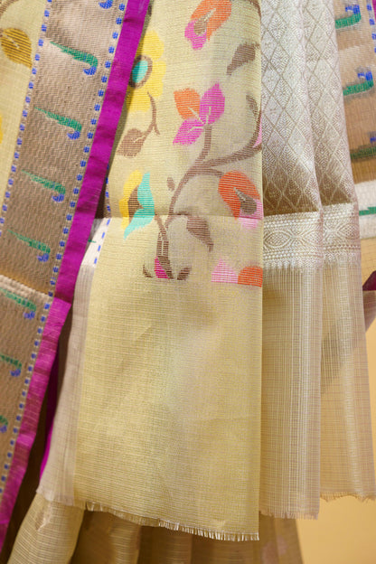 Pista Green Tissue Kota Paithani Border Premium Banarasi Saree