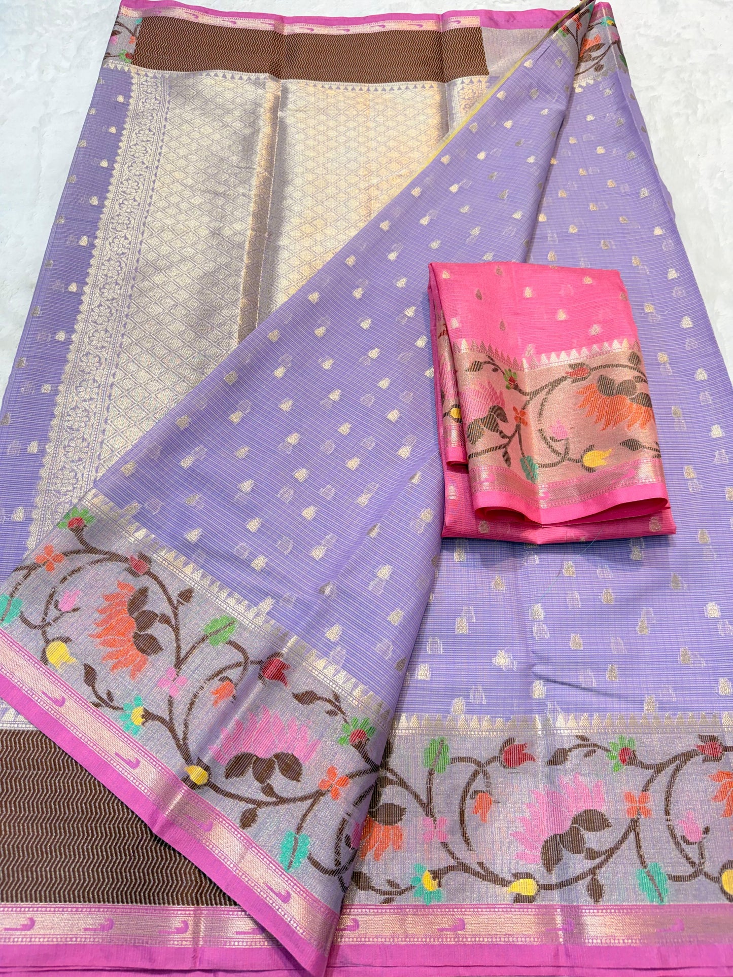 Lovender Cotton Kota Paithani Border Premium Banarasi Saree