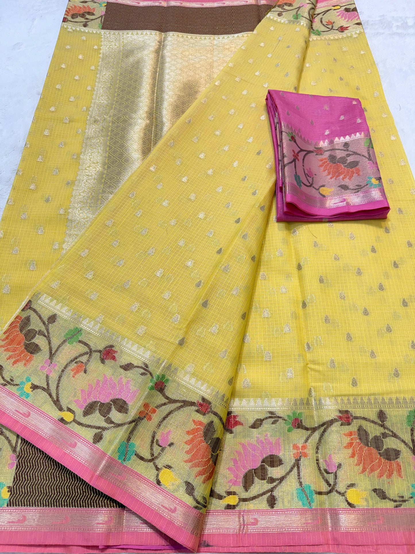 Yellow Cotton Kota Paithani Border Premium Banarasi Saree