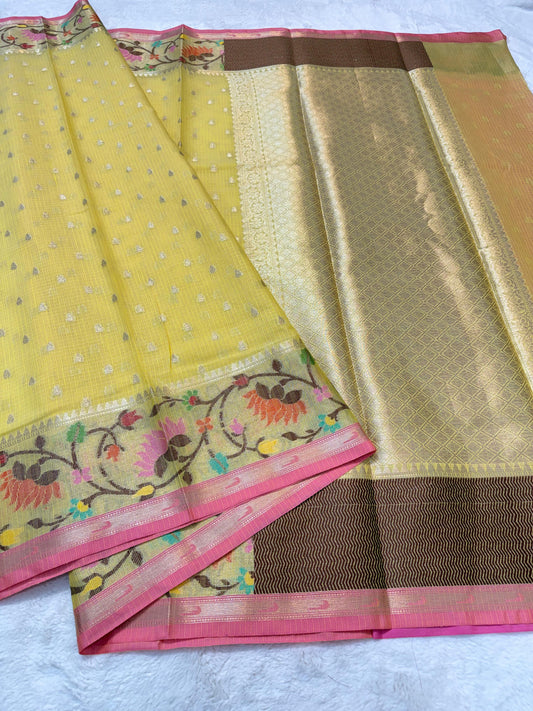 Yellow Cotton Kota Paithani Border Premium Banarasi Saree