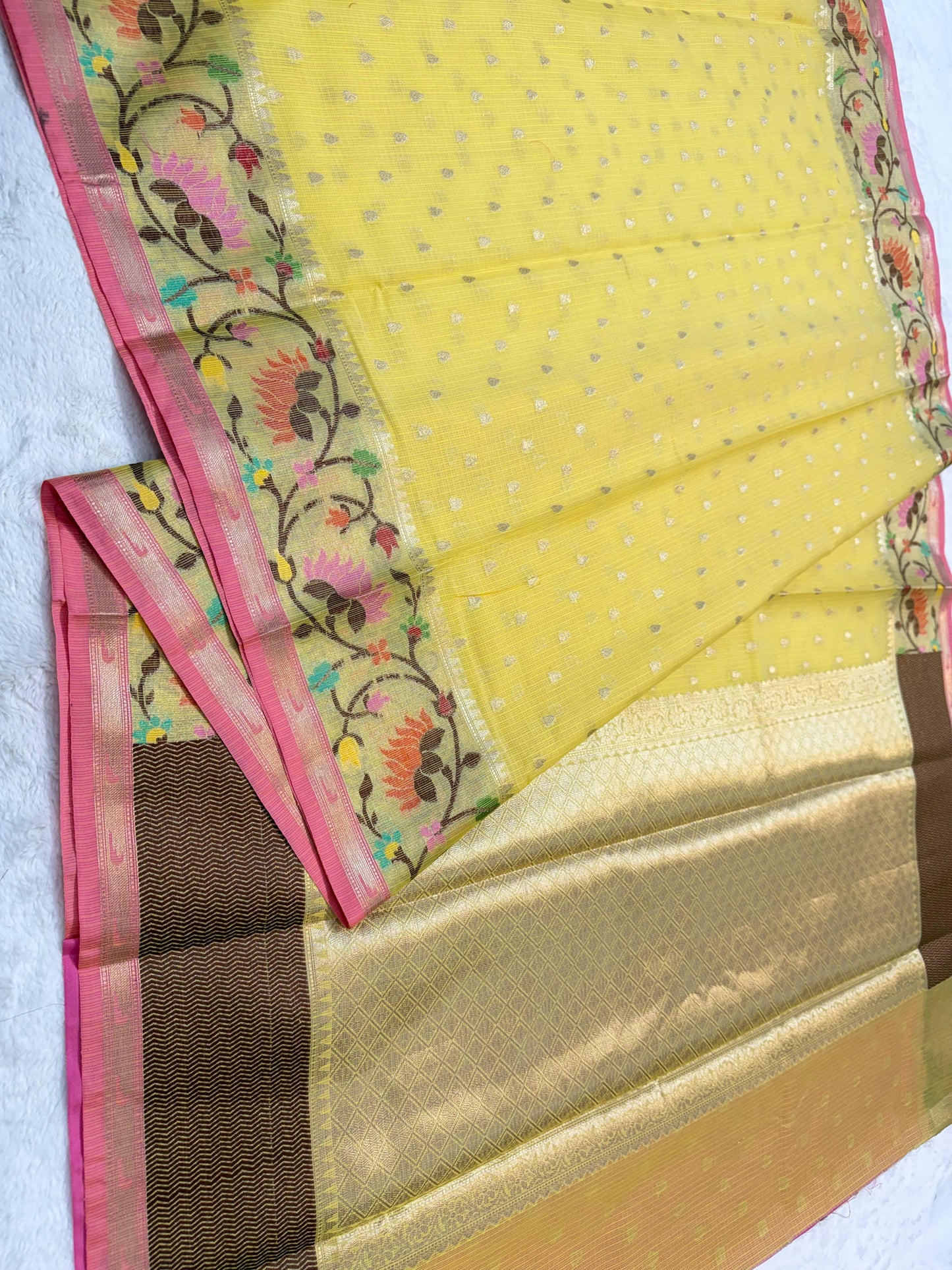 Yellow Cotton Kota Paithani Border Premium Banarasi Saree