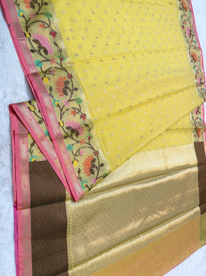 Yellow Cotton Kota Paithani Border Premium Banarasi Saree
