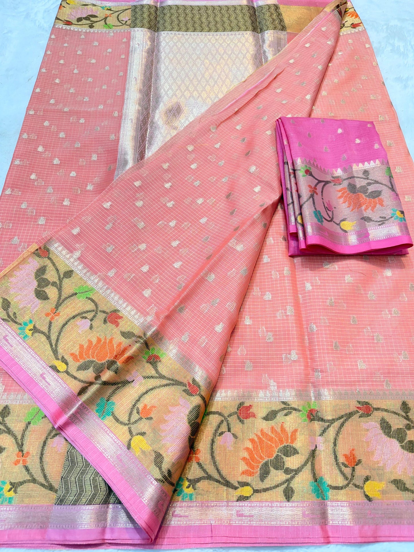 Peach Cotton Kota Paithani Border Premium Banarasi Saree
