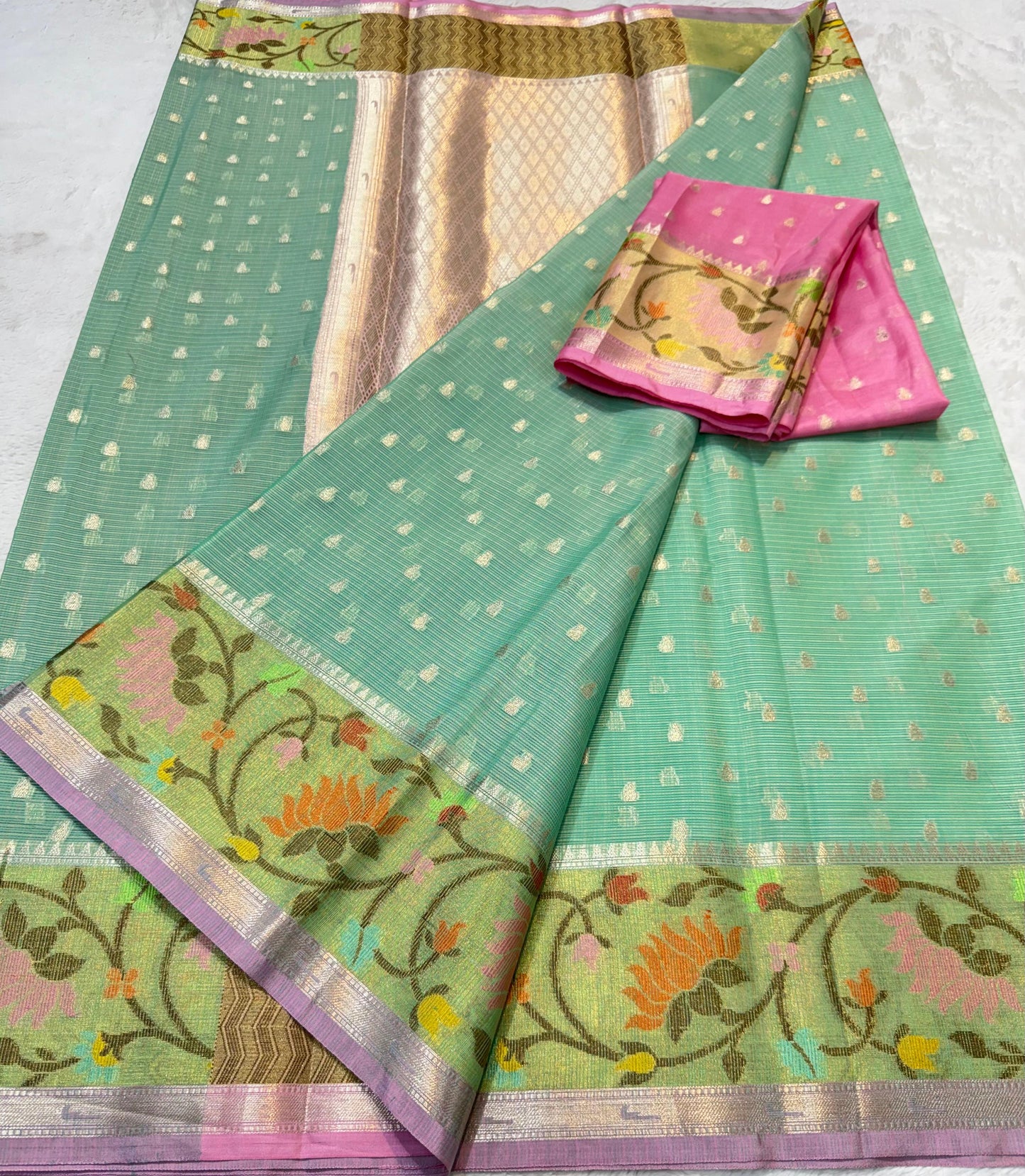Sea Green Cotton Kota Paithani Border Premium Banarasi Saree