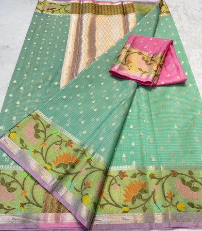 Sea Green Cotton Kota Paithani Border Premium Banarasi Saree