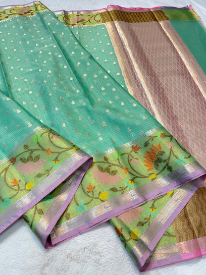 Sea Green Cotton Kota Paithani Border Premium Banarasi Saree