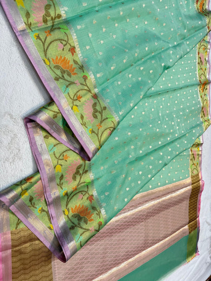 Sea Green Cotton Kota Paithani Border Premium Banarasi Saree