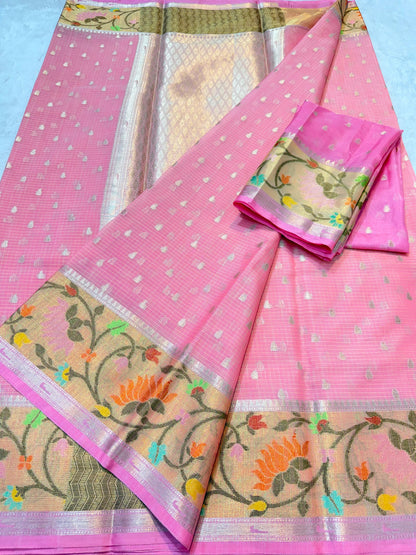 Pink Cotton Kota Paithani Border Premium Banarasi Saree