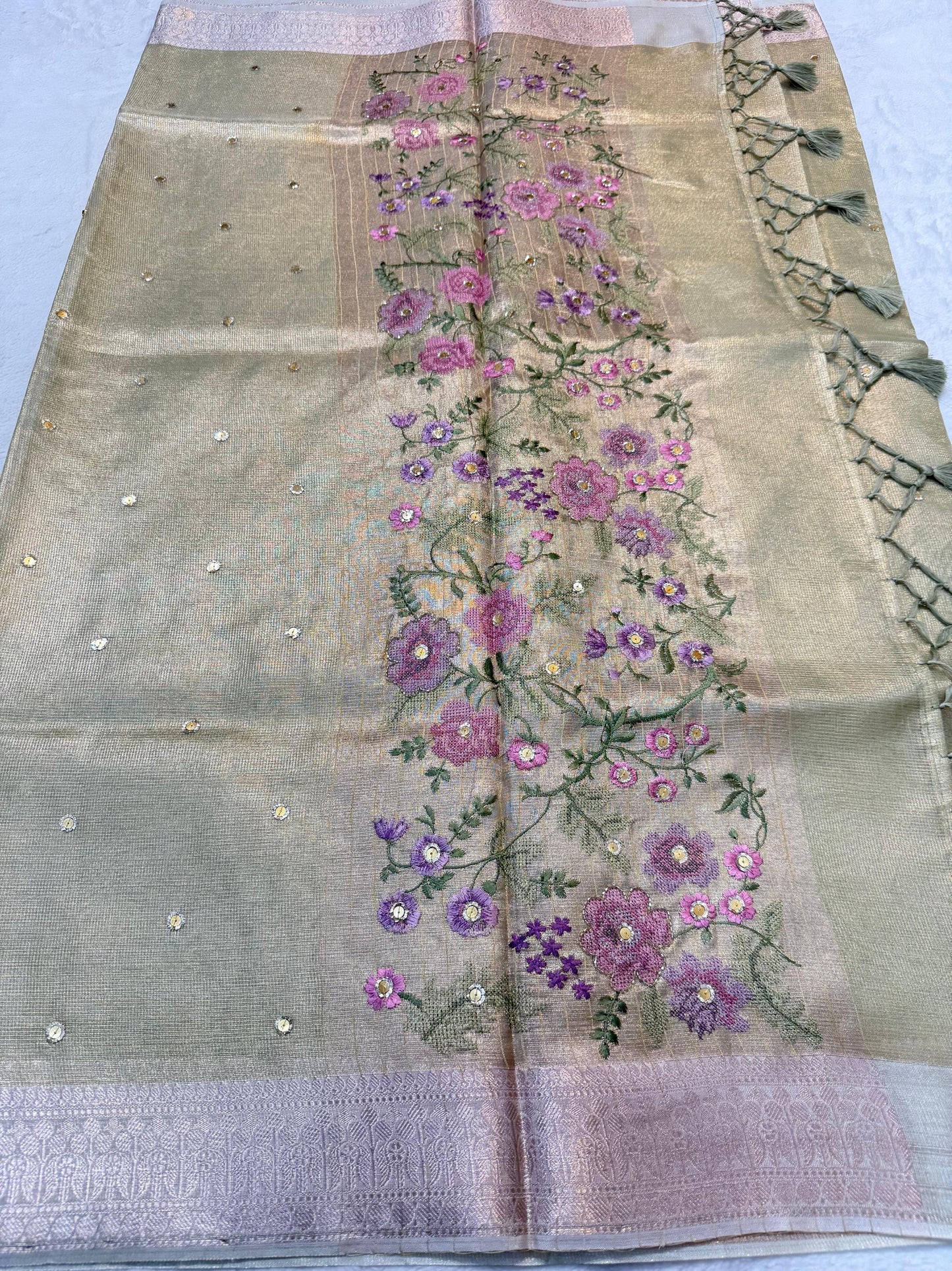 Pista Green Tissue Kota Embroidery Handwork Banarasi Saree