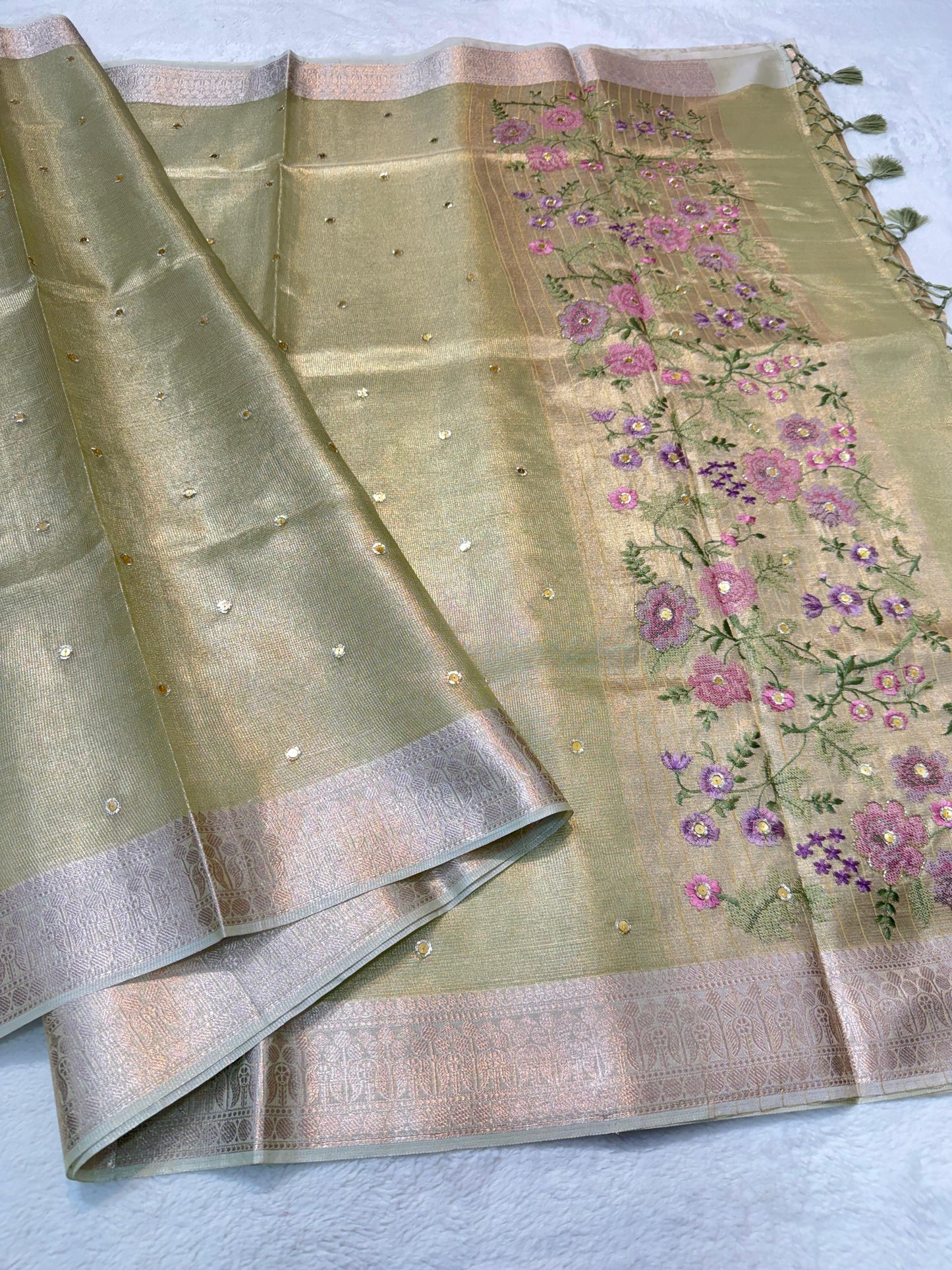 Pista Green Tissue Kota Embroidery Handwork Banarasi Saree
