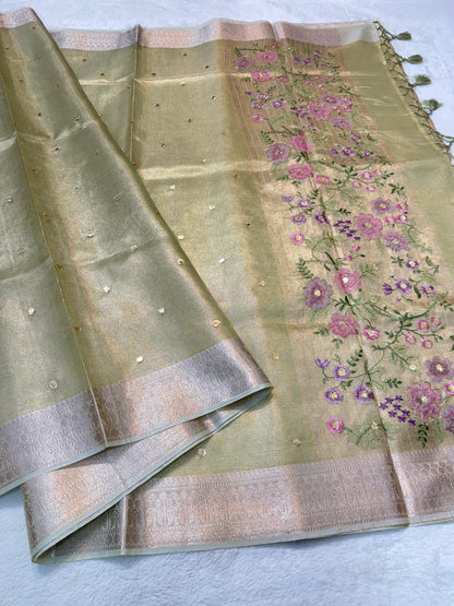 Pista Green Tissue Kota Embroidery Handwork Banarasi Saree