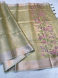 Pista Green Tissue Kota Embroidery Handwork Banarasi Saree