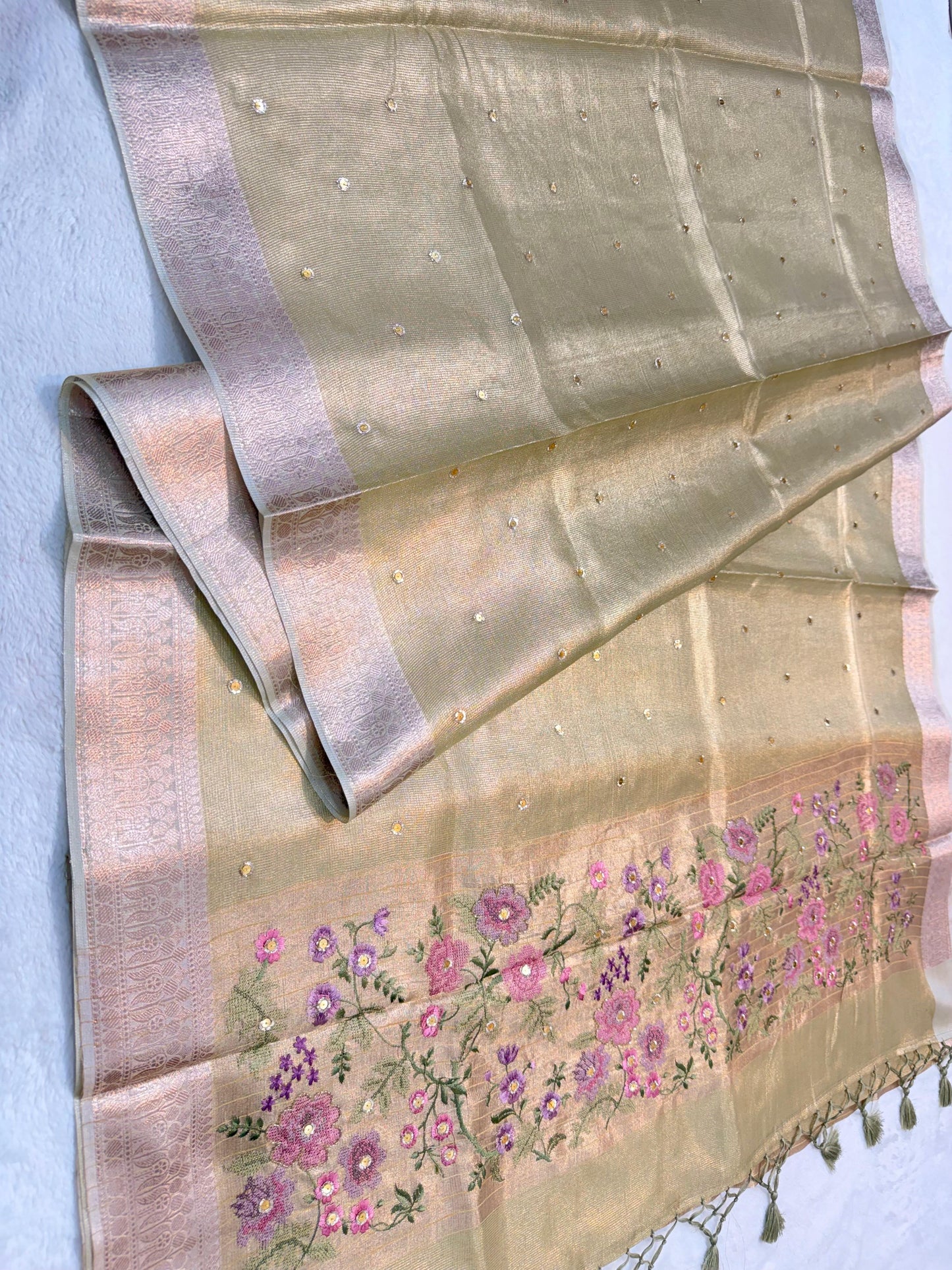 Pista Green Tissue Kota Embroidery Handwork Banarasi Saree