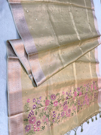 Pista Green Tissue Kota Embroidery Handwork Banarasi Saree