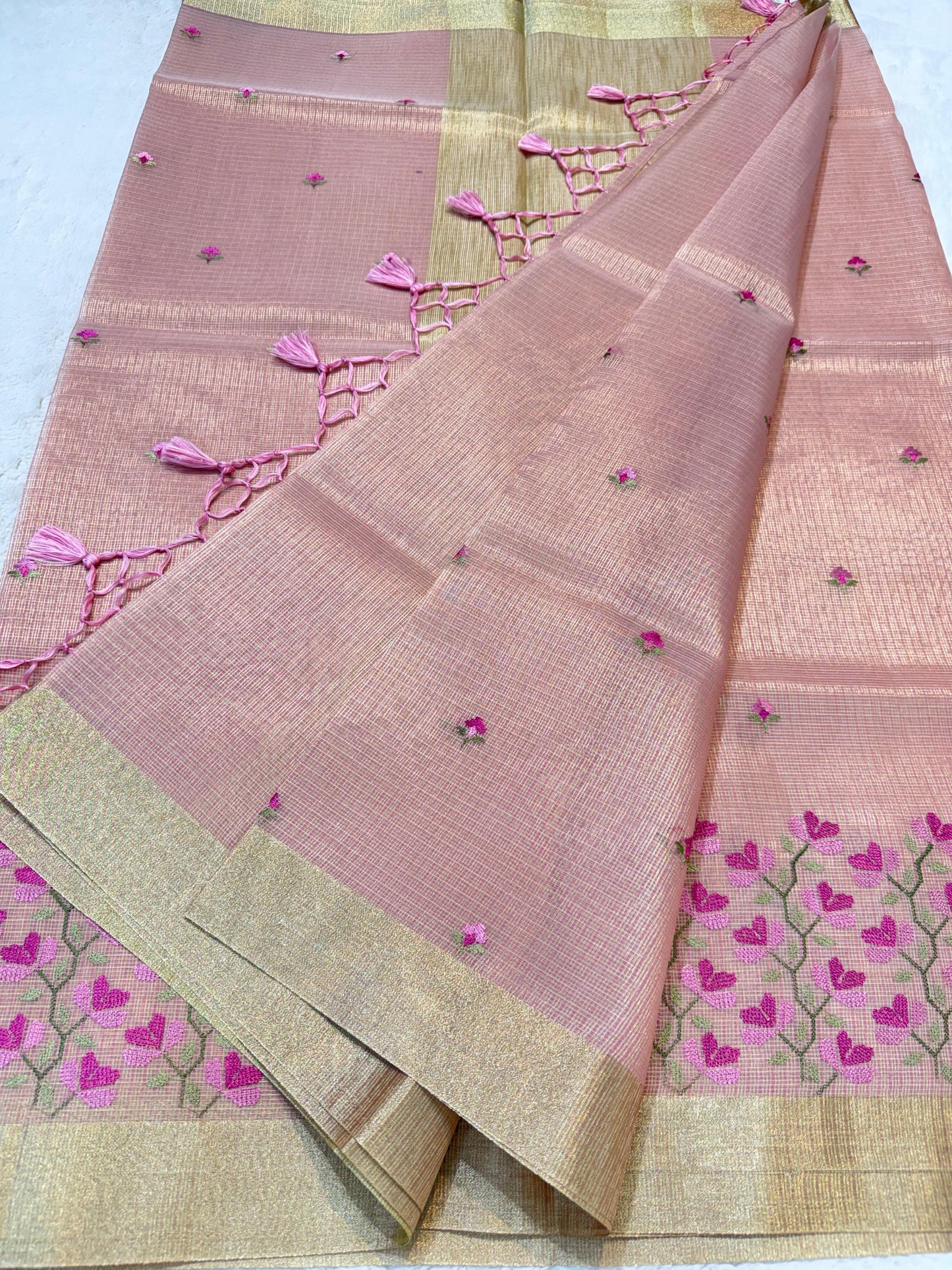 Pink Tissue Kota Embroidery Banarasi Saree