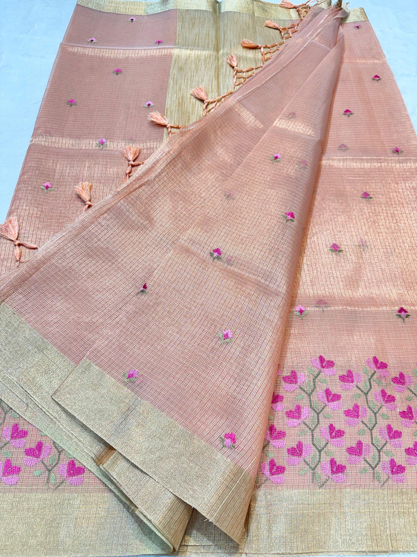 Peach Tissue Kota Embroidery Banarasi Saree