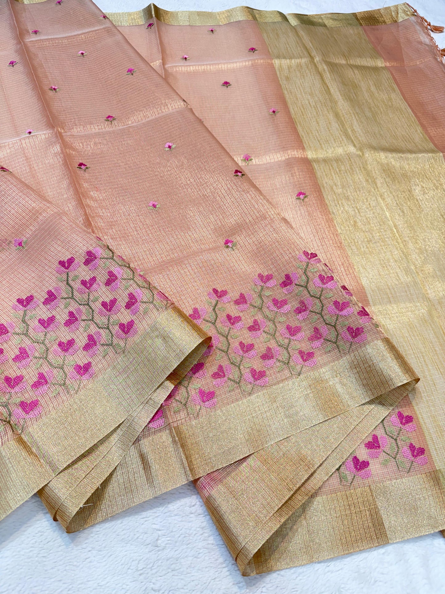 Peach Tissue Kota Embroidery Banarasi Saree