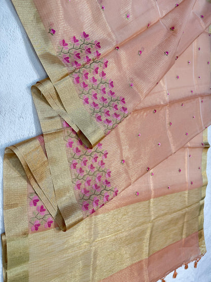 Peach Tissue Kota Embroidery Banarasi Saree
