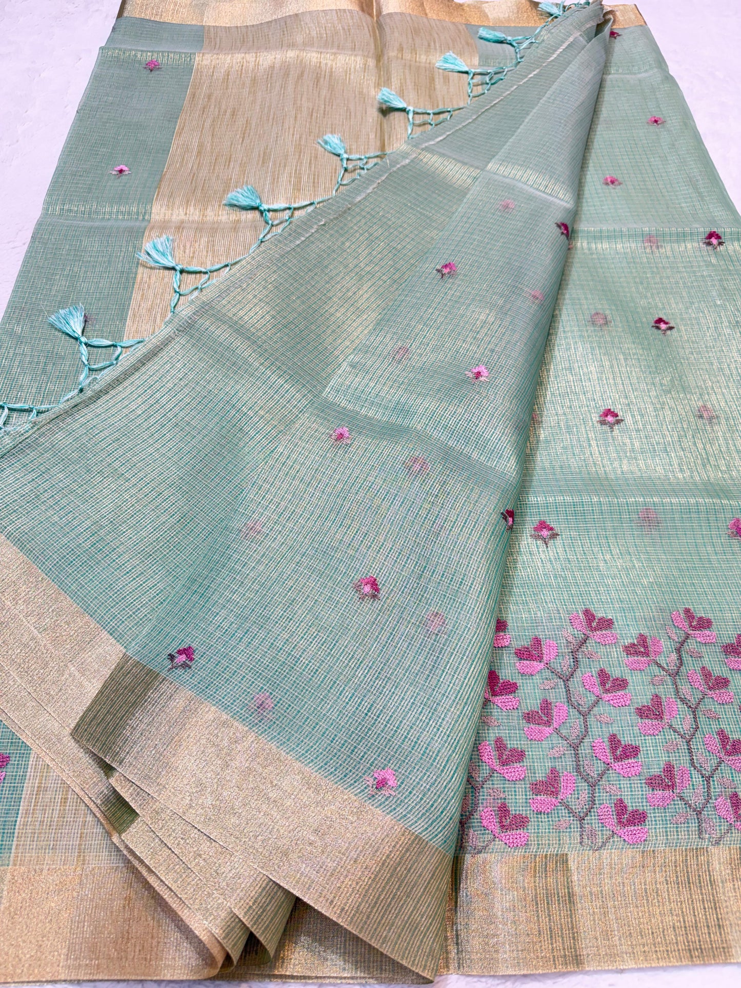 Sea Green Tissue Kota Embroidery Banarasi Saree