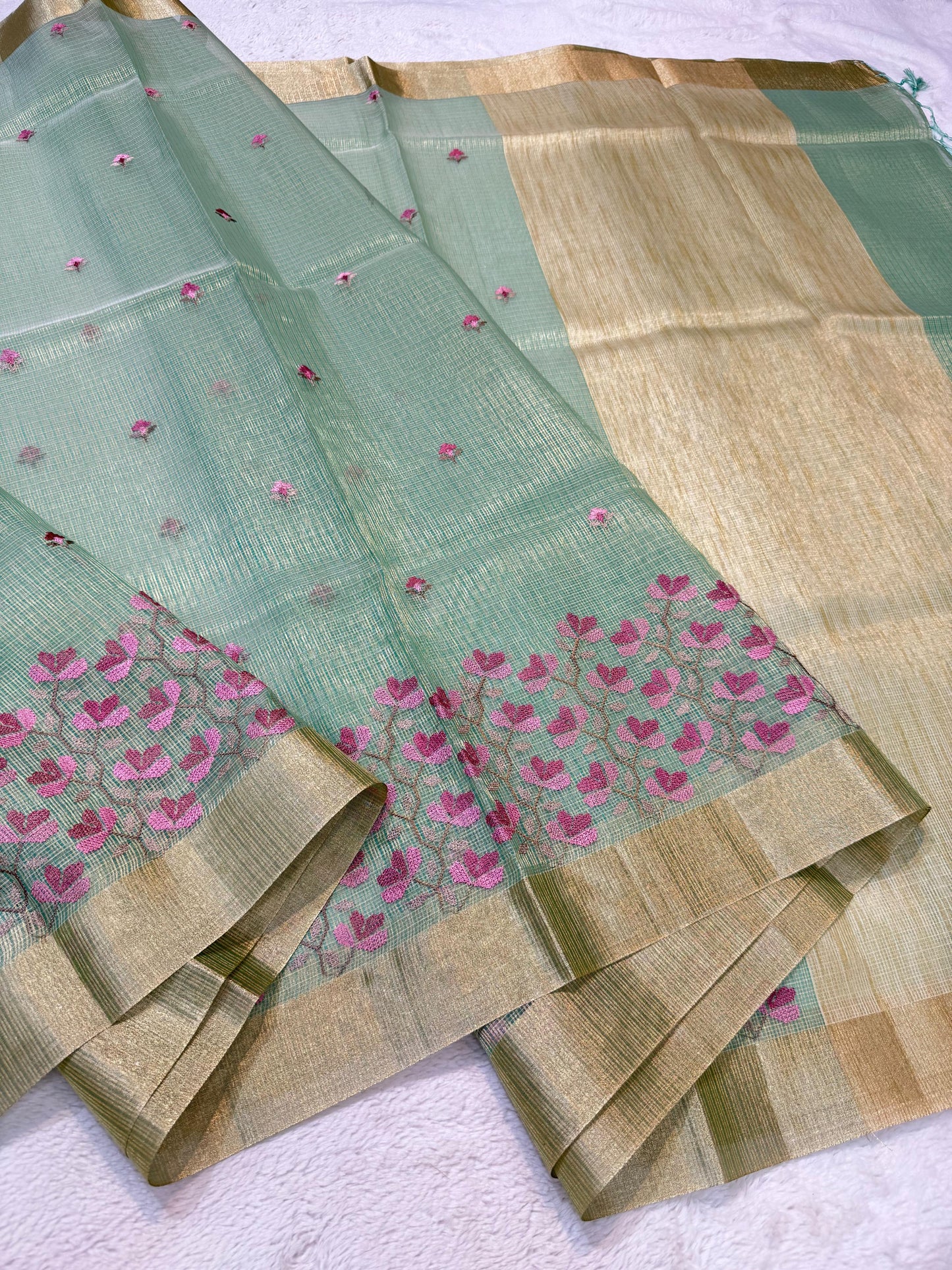 Sea Green Tissue Kota Embroidery Banarasi Saree