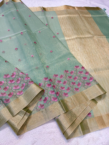 Sea Green Tissue Kota Embroidery Banarasi Saree