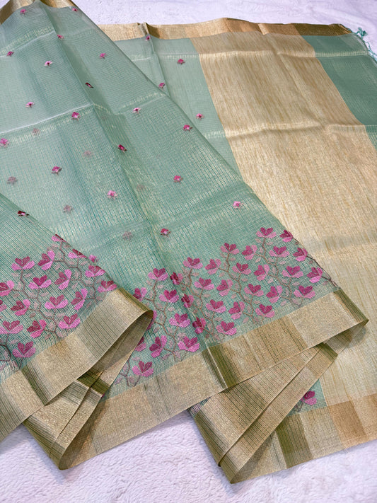 Sea Green Tissue Kota Embroidery Banarasi Saree