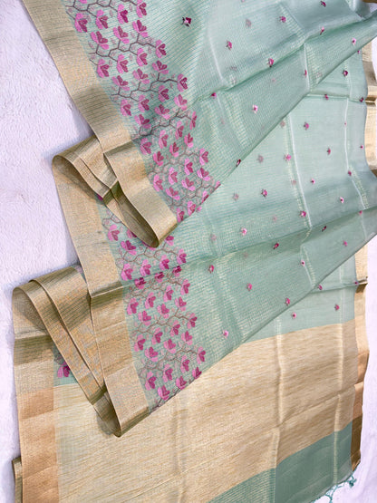 Sea Green Tissue Kota Embroidery Banarasi Saree