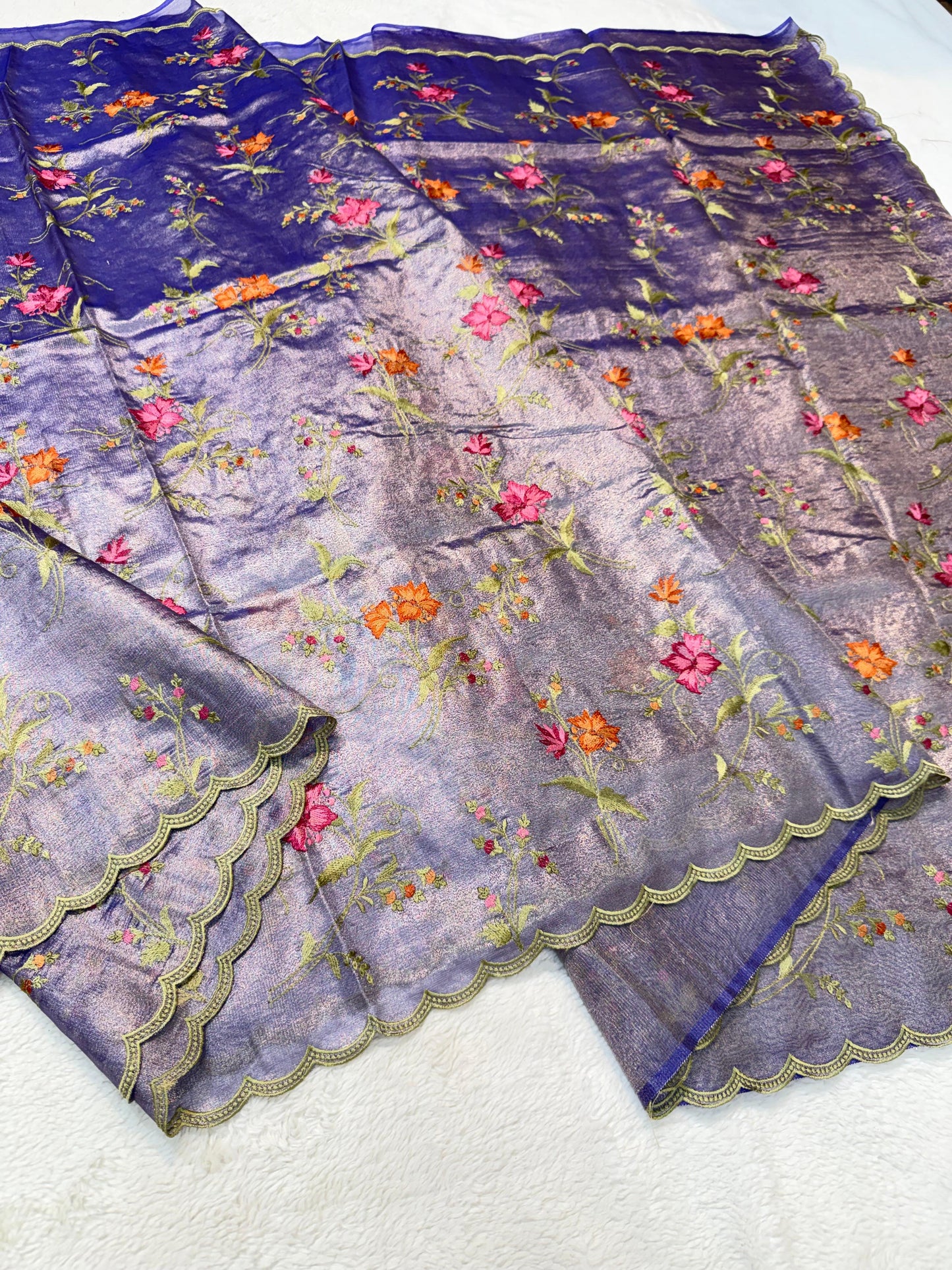 Blue Tissue Designer Embroidery Premium Banarasi Saree