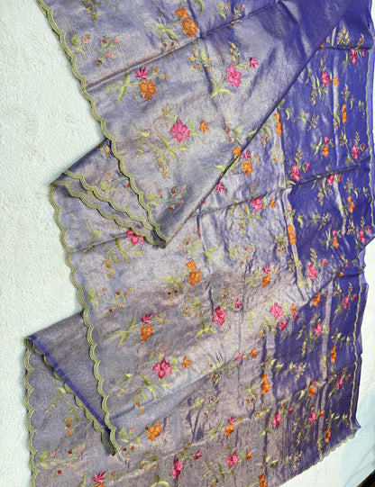 Blue Tissue Designer Embroidery Premium Banarasi Saree