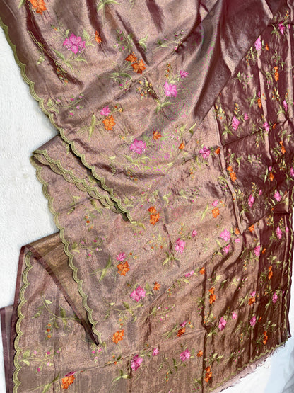 Coffee Brown Tissue Designer Embroidery Premium Banarasi Saree