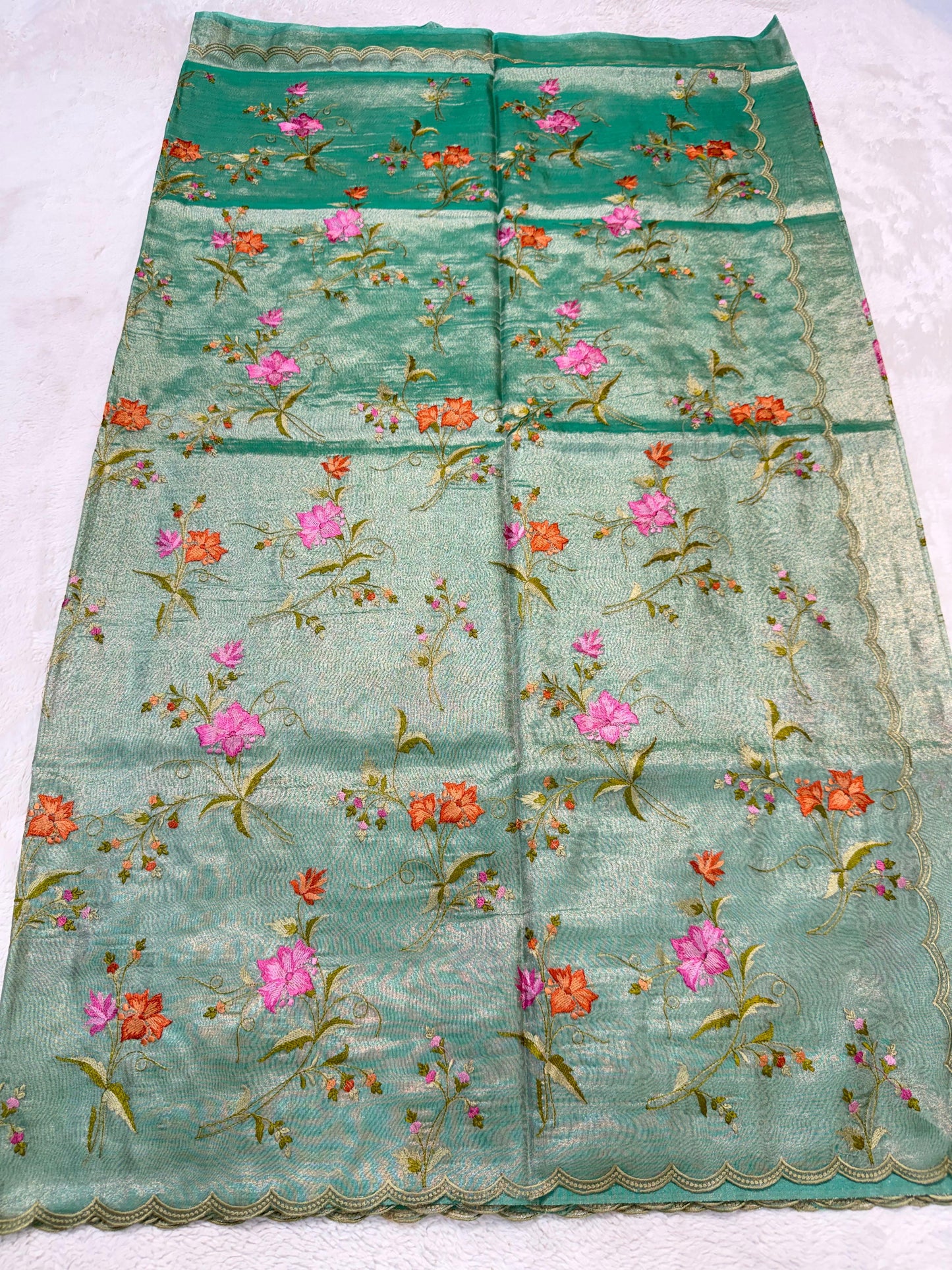 Sea Green Tissue Designer Embroidery Premium Banarasi Saree