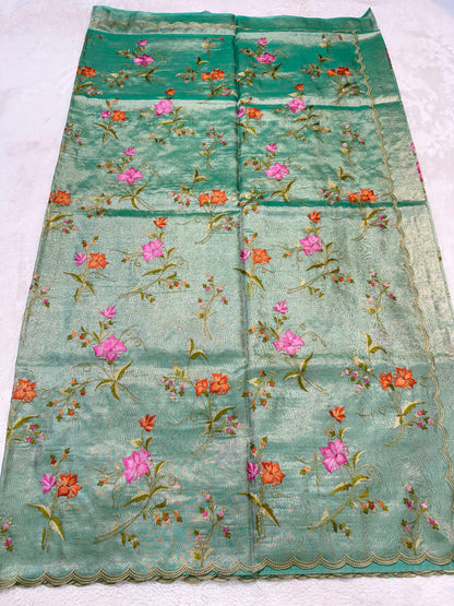 Sea Green Tissue Designer Embroidery Premium Banarasi Saree