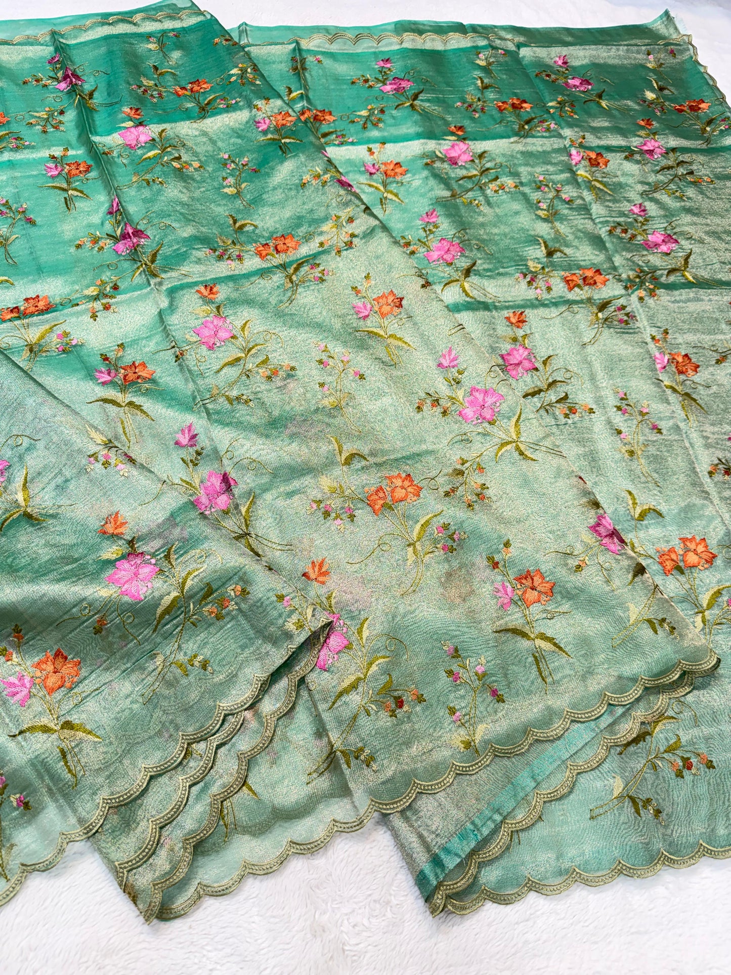 Sea Green Tissue Designer Embroidery Premium Banarasi Saree