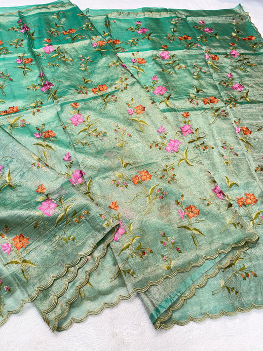 Sea Green Tissue Designer Embroidery Premium Banarasi Saree
