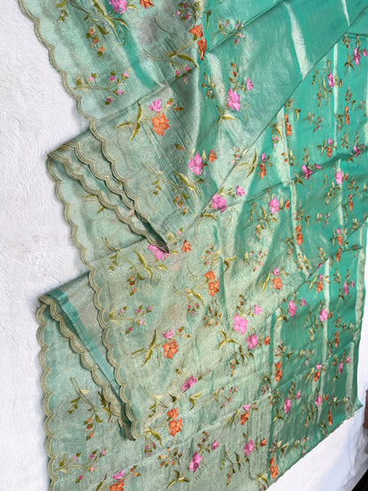 Sea Green Tissue Designer Embroidery Premium Banarasi Saree