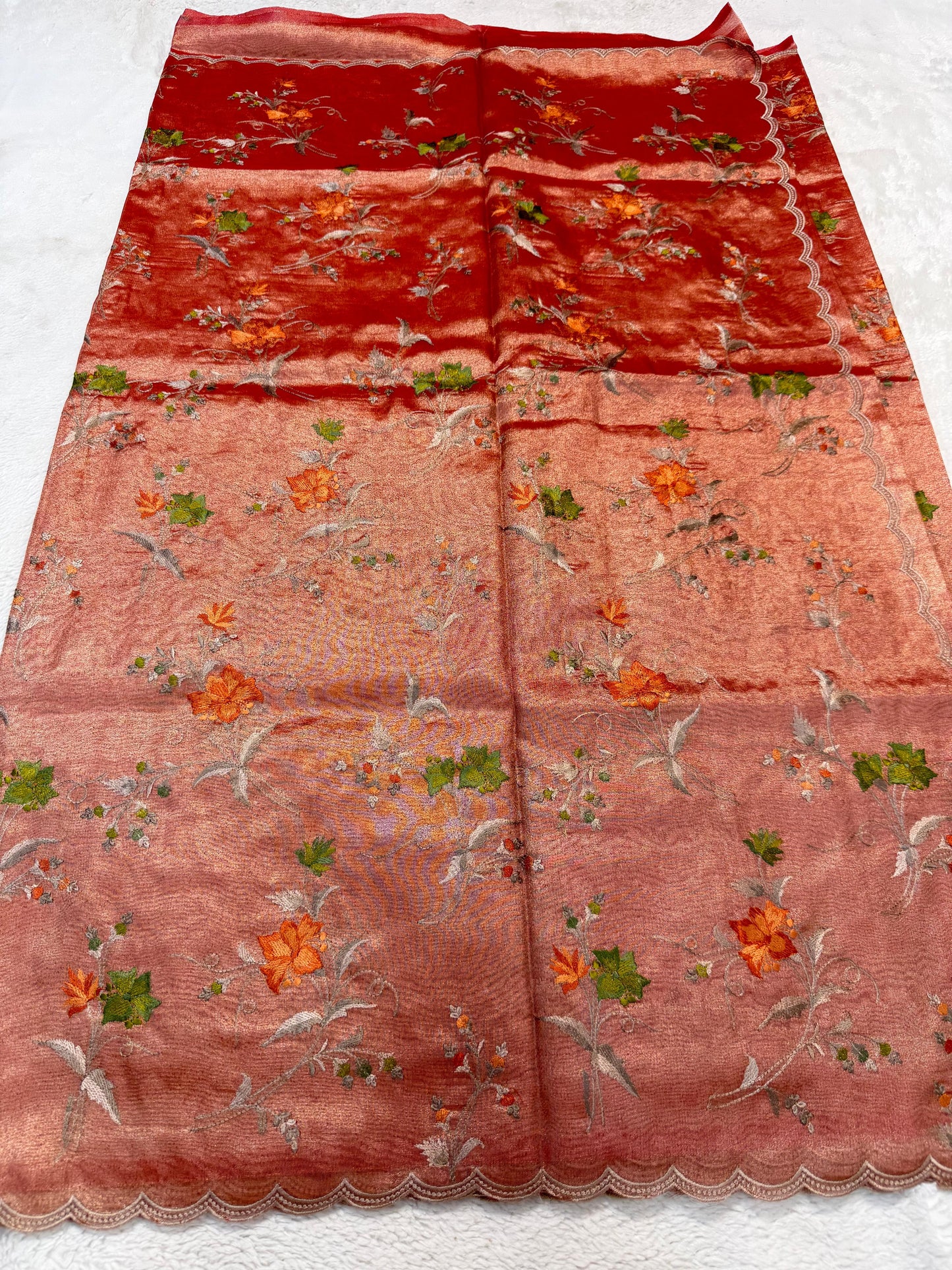 Rust Orange Tissue Designer Embroidery Premium Banarasi Saree