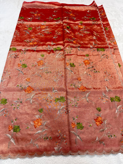 Rust Orange Tissue Designer Embroidery Premium Banarasi Saree